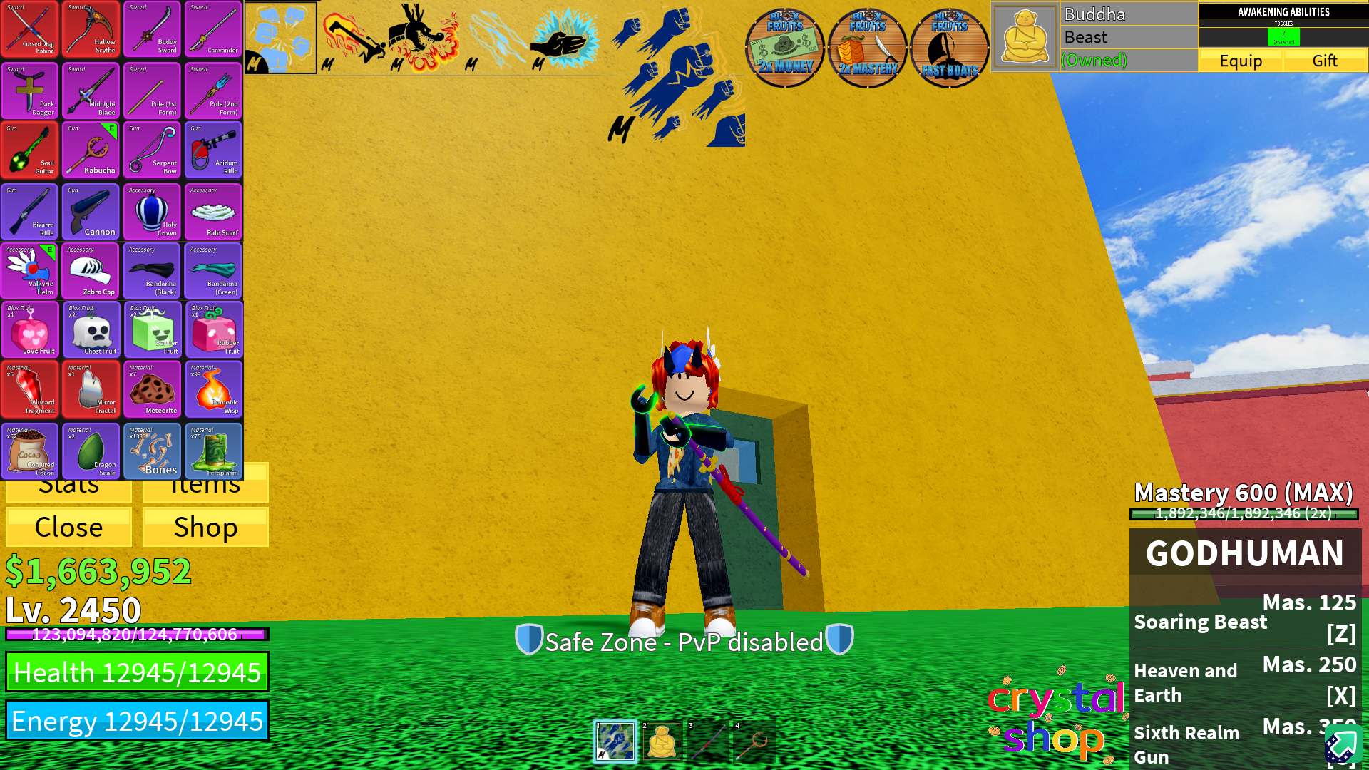 [Blox Fruits] Level 2450 | ผลพระถาวร!(สุ่มตื่น) | มิ้ง+ปลา V3 | 3 เกมพาส | หมัดGOD+โอเด้ง+เคียว+กีต้า | ไอดีสะอาด